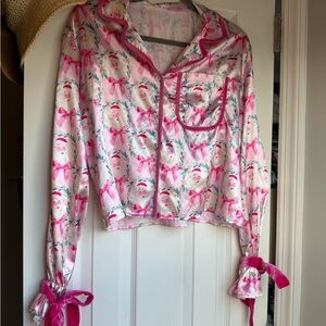 Santa Print Pink Pajama Top & Bottoms